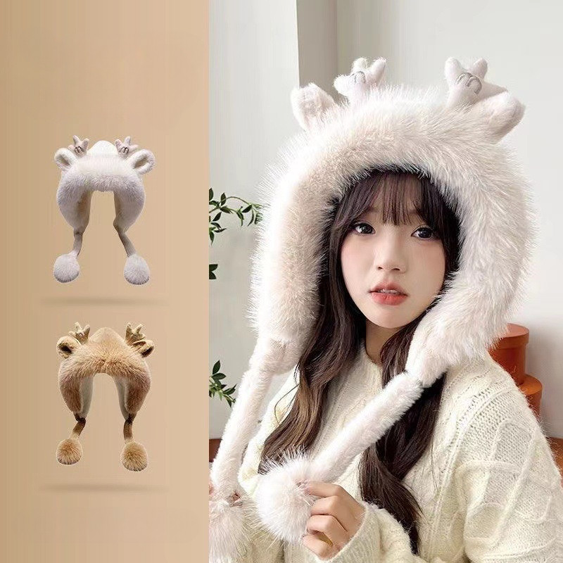 ฤดูหนาวใหม่น่ารักหวานตุ๊กตาถักหนาหมวกอเนกประสงค์เขากวางลูกผมป้องกันหูและเย็นหลักฐานเป่าโถวหมวก