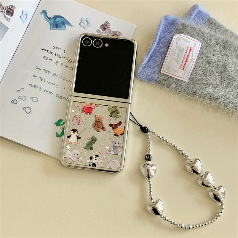 ของเล่นตุ๊กตาน่ารักกระจกสร้อยข้อมือเคสโทรศัพท์สําหรับ Samsung Galaxy Z Flip 8 7 FE 5 6 2 in 1 ฝาครอบกันกระแทก