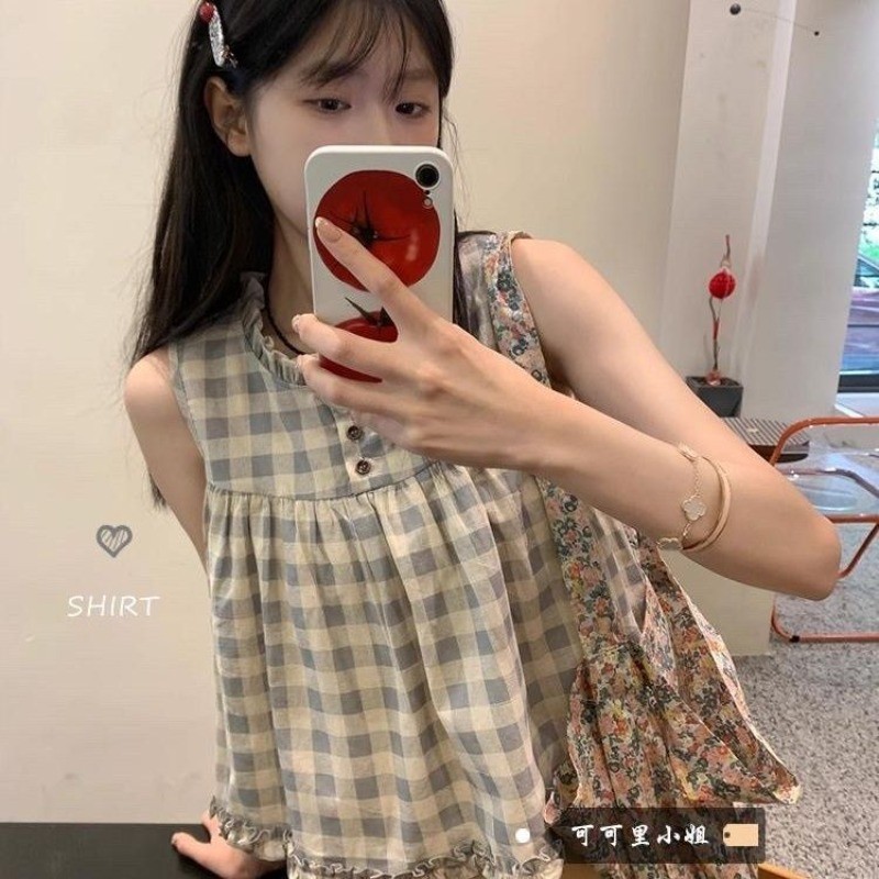 🧡LINNA🧡แขนกุด ตาหมากรุก เสื้อเชิ้ต หลวม เวอร์ชั่นเกาหลี สไตล์ใหม่ แฟชั่น