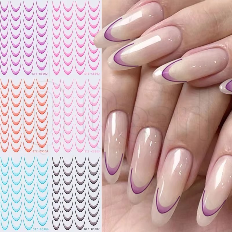 6 ชิ้นGradientภาษาฝรั่งเศสคําเล็บสติกเกอร์ - Y2K, Ins, Elegance - Self-Adhesive Curve Slider - แฟชั่นเล็บอุปกรณ์เสริม - Diy เล็บเคล็ดลับ Art Decals - 3D Stripes Lines สติกเกอร์