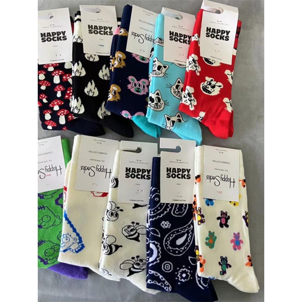 Happy Women Socks ถุงเท้าผ้าฝ้ายแท้หนังมีความสุข Four Seasons All-Match การ์ตูนน่ารักแฟชั่นสวมใส่ด้านนอกถุงเท้าอินเทรนด์ถุงเท้าลูกวัว