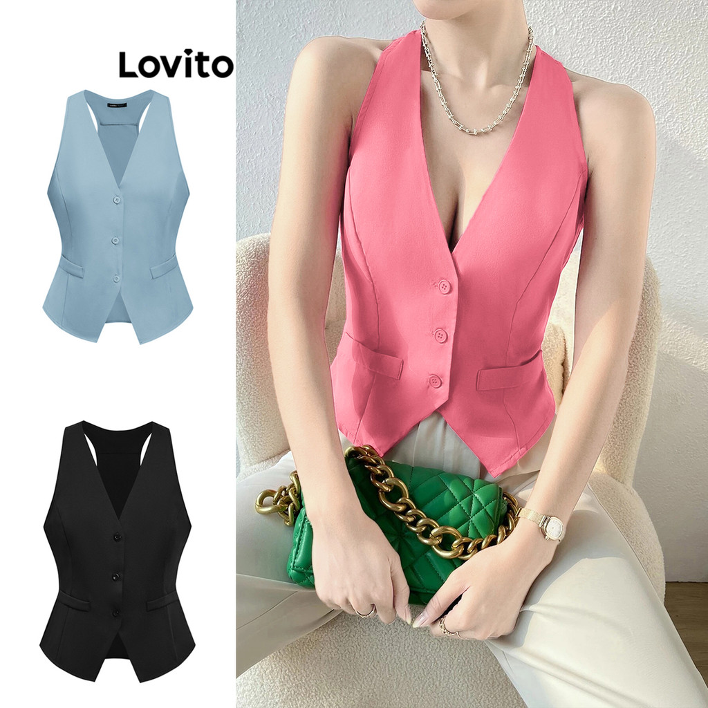 Lovito เสื้อแขนกุดผู้หญิง กระดุมหน้า สีพื้น สไตล์หรูหรา L80ED157(หลากสี)