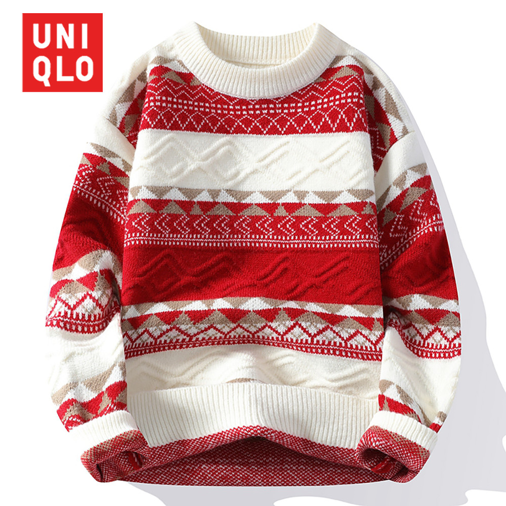 UNIQLO ยูนิโคล่ ผู้หญิงลายพิมพ์เสื้อกันหนาวหลวมแฟชั่นมิงค์วัยรุ่นเสื้อกันหนาวหนาอบอุ่นเสื้อคอกลมรุ่นคู่
