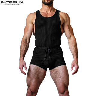 Incerun ชุดบอดี้สูทแขนกุดทรงหลวมแฟชั่นสไตล์วินเทจสําหรับผู้ช…