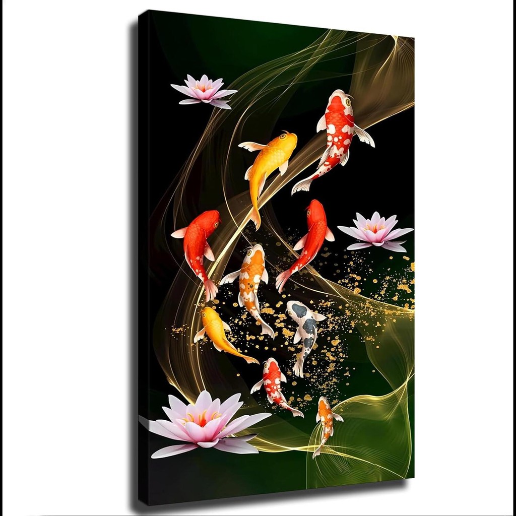 กรอบ SinSed Carp Lotus Pond Koi Fish Feng Shui ศิลปะบนผนังผ้าใบ – โปสเตอร์ตกแต่งสำหรับห้องนั่งเล่น ห้องครัว และห้องนอน (16×24 นิ้ว) – โปรปัง