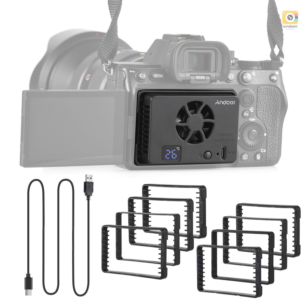 Andoer FS-06 กล้องพัดลมระบายความร้อนระบบระบายความร้อนภายนอกพร้อมจอแสดงผล OLED 8 ชิ้นอะแดปเตอร์ติดตั้