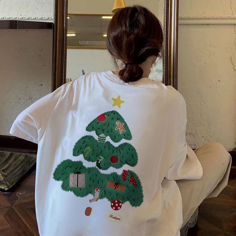 Nuziro Christmas T-shirt - การ์ตูนน่ารักต้นคริสต์มาสพิมพ์เสื้อยืดแขนสั้นหลวม #L000113
