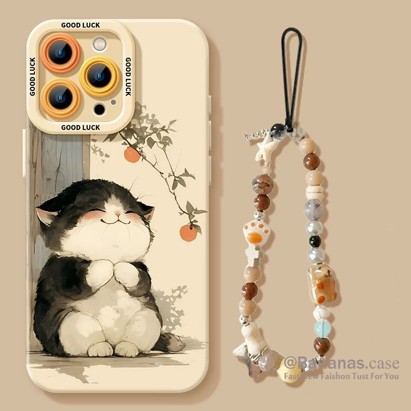 Iphone 16 15 14 13 12 11 Pro Max X Xr Xs Max 7 8 Plus SE2020 เคสโทรศัพท์น่ารักลูกพลับ Cat + Lanyard ปกอ่อนสีดํา