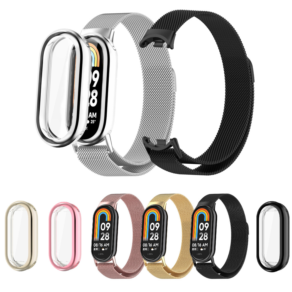 สาย Milanese + เคสสําหรับ Xiaomi Mi Band 10 / 9 / 8 NFC สแตนเลสเปลี่ยนห่วงแม่เหล็ก MiBand สร้อยข้อมือ 2 IN 1 สมาร์ทสายรัดข้อมือกรณี TPU เต็มรูปแบบ