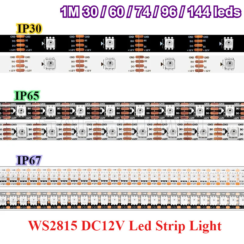 1m WS2815 DC12V ไฟ LED Strip 30/60/74/96/144leds/m (WS2812B WS2813 อัปเดต) 5050 RGBIC ไฟ LED แอดเดรสแอดเดรสแอดเดรสได้ IP30 65 67