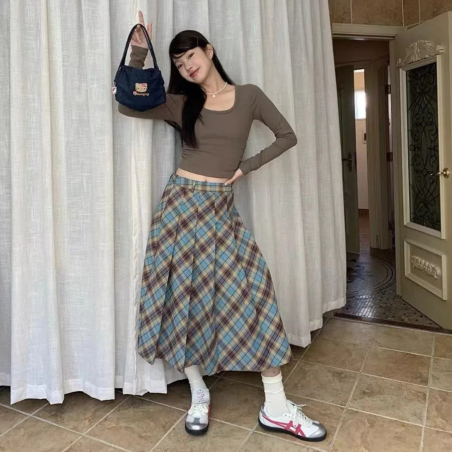 กระโปรงทรงเอผู้หญิงใหม่ฤดูใบไม้ผลิฤดูใบไม้ร่วงลีนอารมณ์กระโปรงยาวกระโปรงเอวสูงลายสก๊อตจีบกระโปรงฤดูหนาว