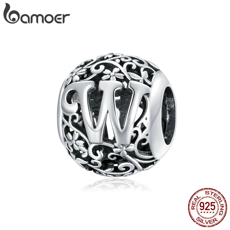 Bamoer 925 Sterling Sliver Charm Forest letter W Design Simple DIY สําหรับสร้อยข้อมือผู้หญิง SCC1444