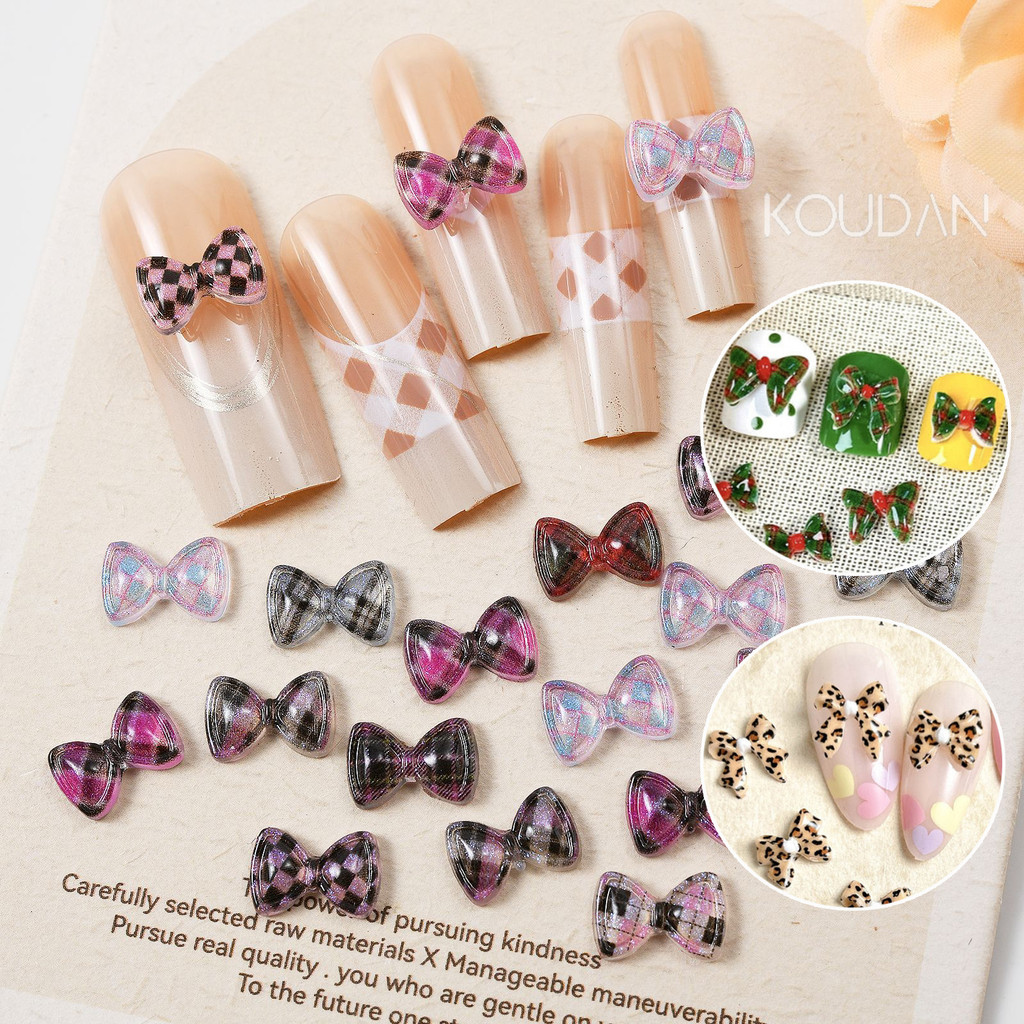 เล็บตกแต่งเล็บสติกเกอร์เล็บคริสต์มาสโบว์ DIY Bowknot น่ารักการ์ตูนเสือดาวลายสก๊อตผสมสี 20 ชิ้น KOULDAN
