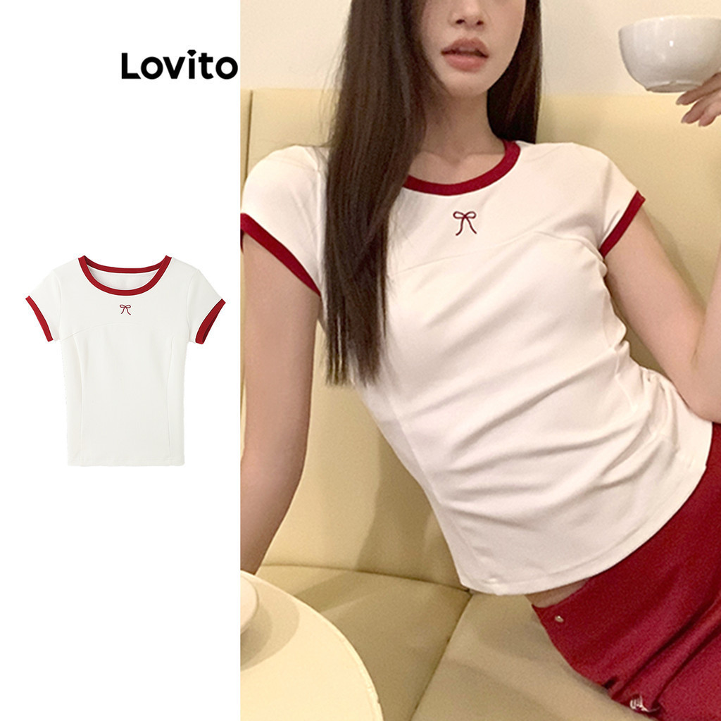 Lovito เสื้อยืดผู้หญิง แต่งขอบสี แต่งโบว์ สีพื้น สไตล์ลำลอง LNE69187