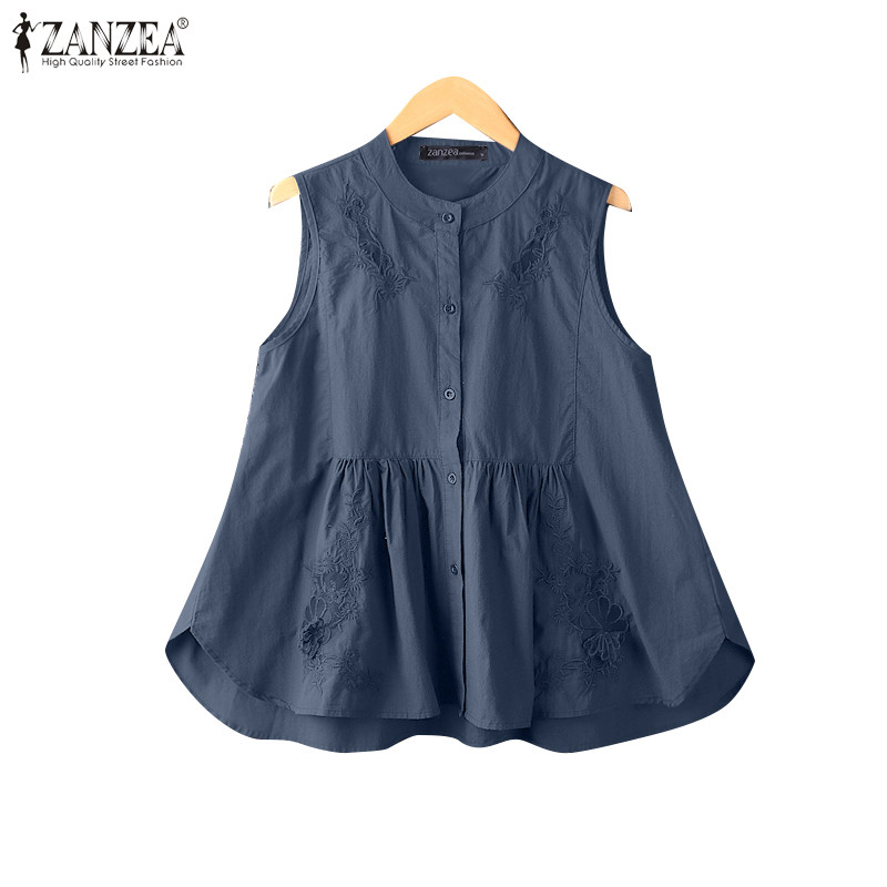 Zanzea ผู้หญิงแขนสั้นคอกลมลําลองเกาหลีของผู้หญิง A Hem เสื้อกล้ามปักหลวม