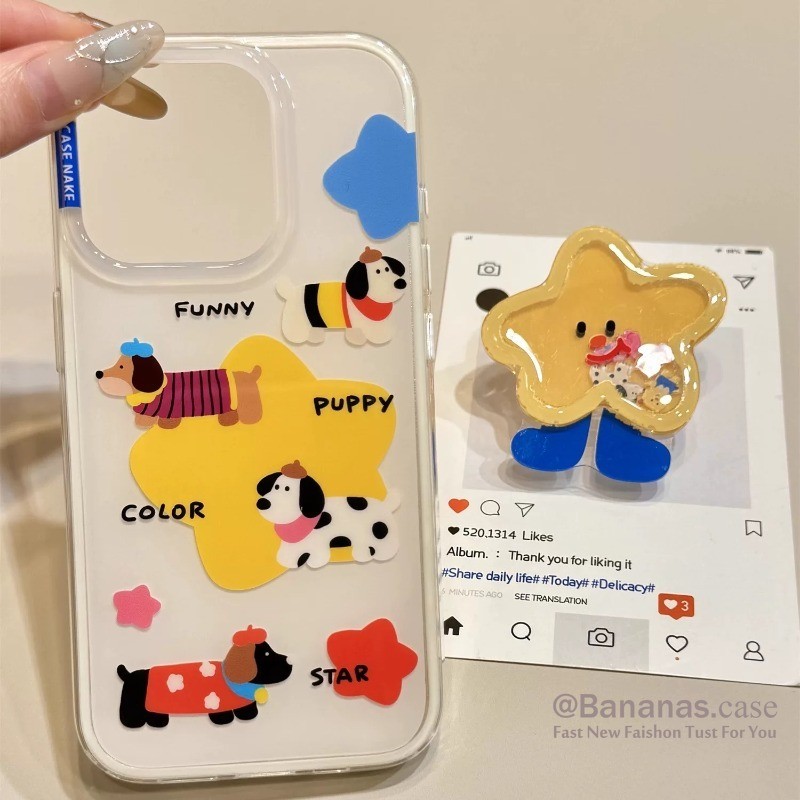 IPhone 17 16 15 14 13 12 11 Pro Max เคสโทรศัพท์สีลูกกวาดลูกสุนัขตลก + ขาตั้งฝาหลังแบบนุ่มใส