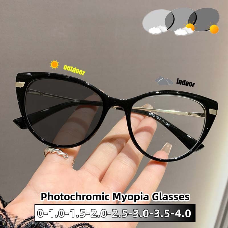 แฟชั่น Elegance Cat Eye Photochromic สายตาสั้นแว่นตา Lady Ultra Light Full กรอบ Anti Blue Light Vintage ผู้ชายใกล้ Sight แว่นตา