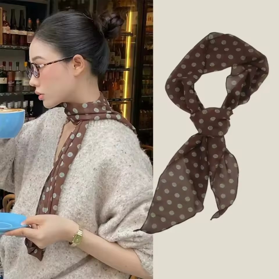 ผ้าพันคอไหมยาวลายจุดสีน้ําตาลอเนกประสงค์ Neckerchief กระเป๋าริบบิ้นชีฟองนุ่มผู้หญิงผ้าพันคอผ้าคลุมไหล่