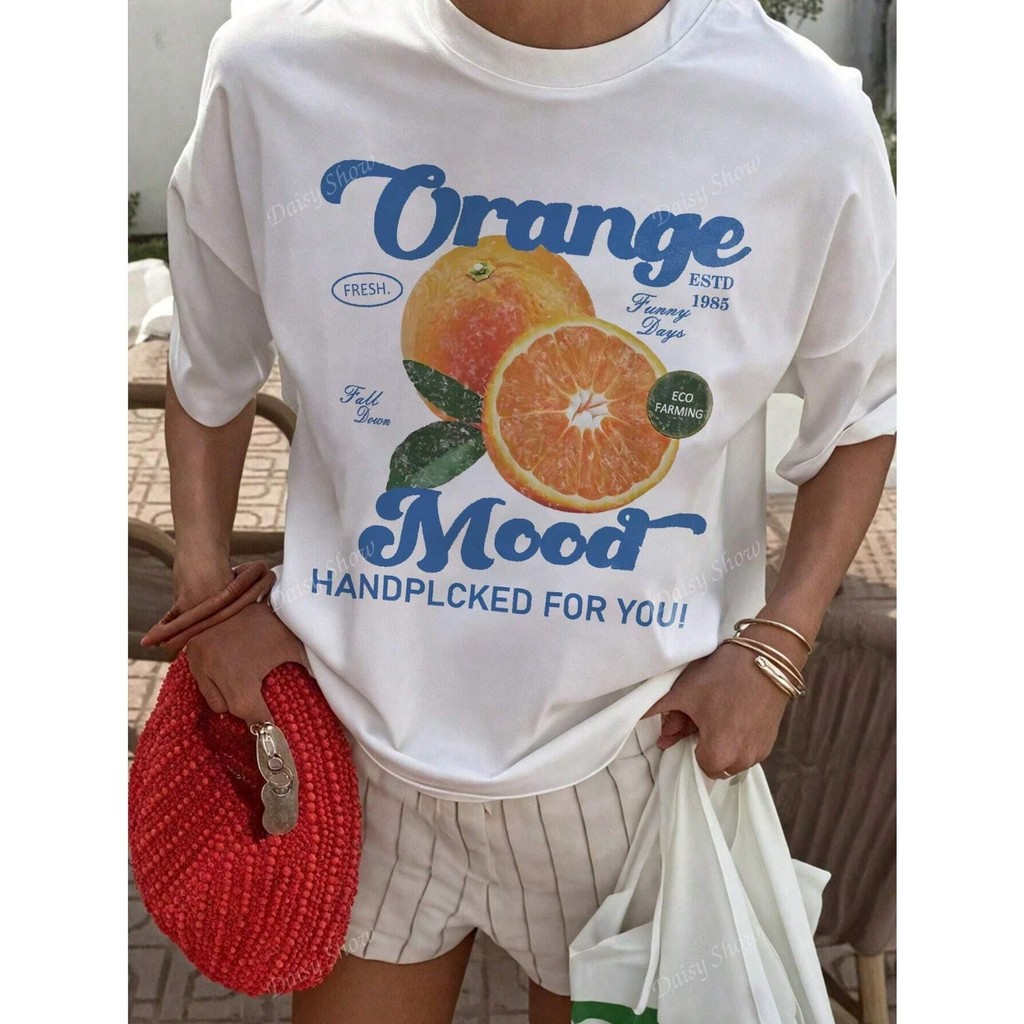 เสื้อยืดลายผลไม้ Orange Mood ลายส้มสดใส สไตล์วินเทจ คอกลม ทรง Oversize
