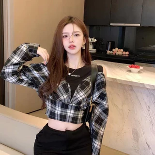 ชุดเสื้อเชิ้ตแขนยาวลายตารางสำหรับผู้หญิง แบบสองชิ้น คอวี ลายเย็บปะติดปะต่อ ฤดูใบไม้ร่วง สไตล์ ABTG APLW