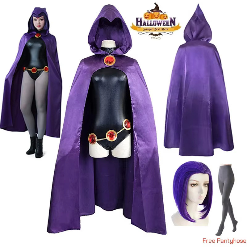 ผู้หญิง TeenTitans-Raven คอสเพลย์เครื่องแต่งกาย Jumpsuit เสื้อคลุมสีม่วงพร้อมเข็มขัดชุดเครื่องแต่งกายฮาโลวีนสําหรับเด็กผู้หญิง