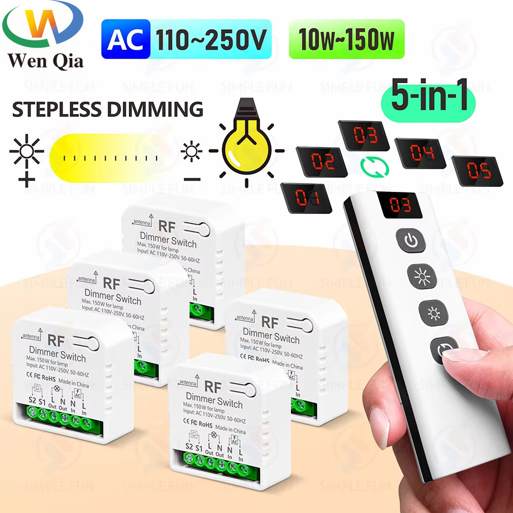 433mhz ไร้สาย Dimmer สวิตช์ไฟ AC 110V 220V 230V หรี่แสงได้โมดูลสวิทช์ 5-in-1 รีโมท, สําหรับ 10 ~ 150W หลอดไฟ LED ฮาโลเจน Dimming
