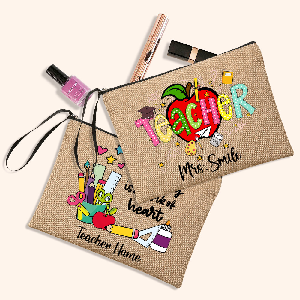 Creative Apple Pencil Pattern Zipper Bag Custom Name Jute Makeup Bag Fashion Pencil Case for Teacher