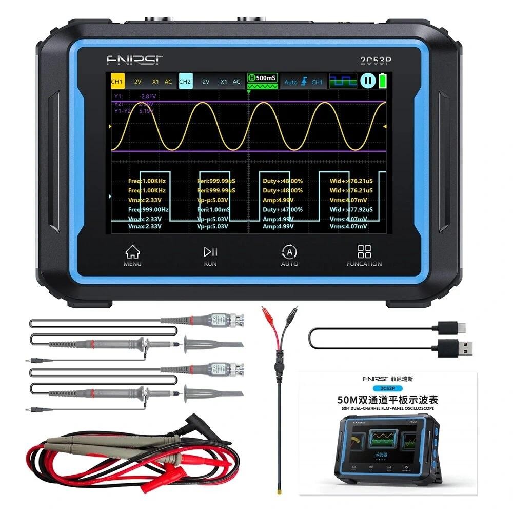 FNIRSI 2C53P หน้าจอสัมผัส 3in1 2CH 50MHz Oscilloscope 250Ms/S สัญญาณเครื่องกําเนิดไฟฟ้ามัลติมิเตอร์แ