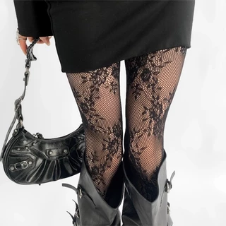 Retro ผู้หญิงดอกไม้หวาย Fishnet Tights HosieryLace ดอกไม้ Bottomed Gothic ตาข่าย Hollowed Pantyhose
