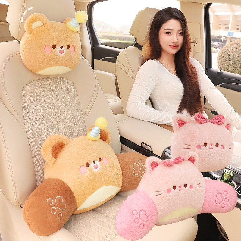 หมอนรองคอในรถ หมอนเอว ที่พิงหลังในรถยนต์ รูปร่างหมีวันเกิด นุ่มสบาย