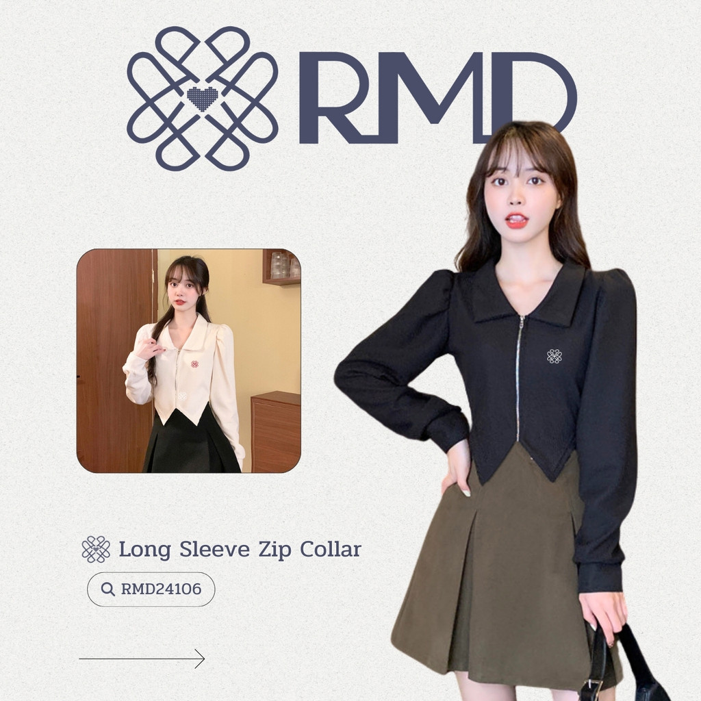 ℝ𝕄𝔻 𝕆𝕟𝕝𝕚𝕟𝕖 𝕊𝕥𝕠𝕣𝕖™ เสื้อแขนยาว คอปกมีซิปหน้า ชายเสื้อทรงหยักเว้า อกปัก RMD แขนพองเล็กน้อย