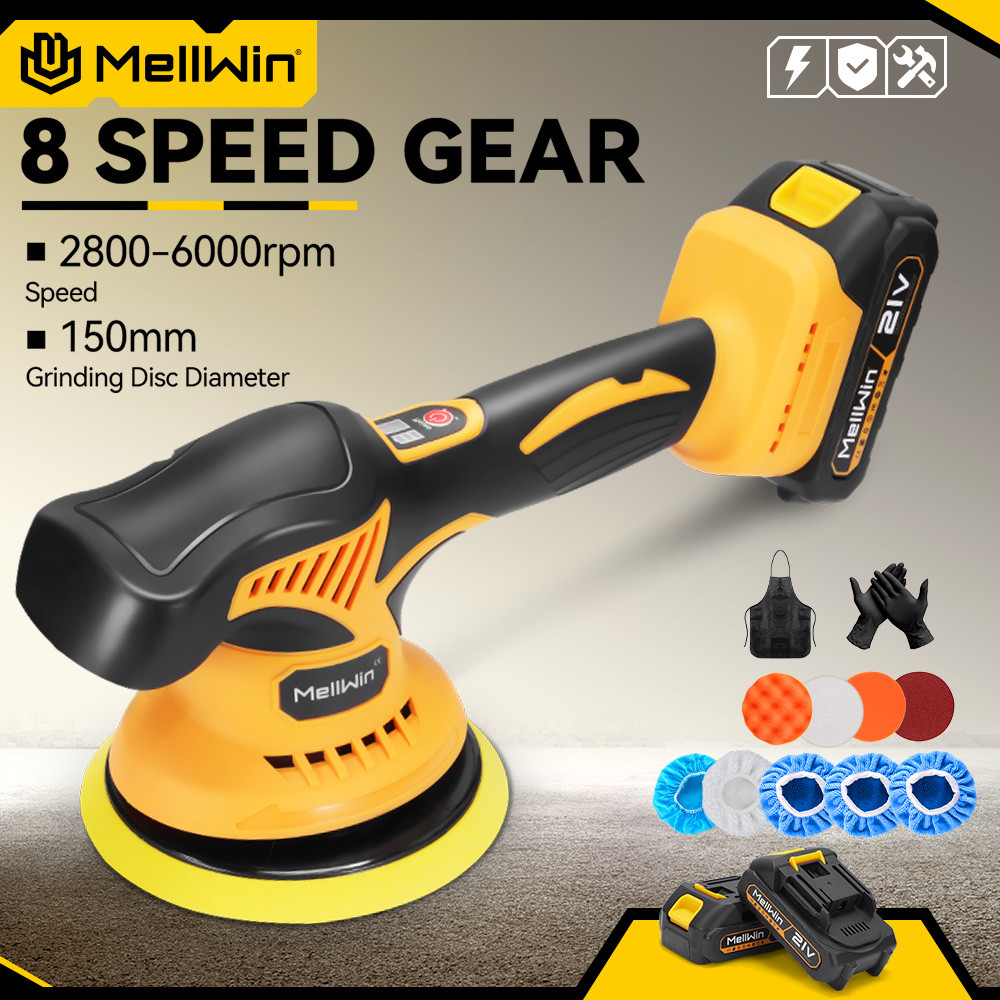 MELLWIN 150 มม.8 เกียร์รถขัดไฟฟ้าดิจิตอลจอแสดงผล CordlessCar ขัดแว็กซ์เครื่องขัดสําหรับ 21V 18V แบตเตอรี่