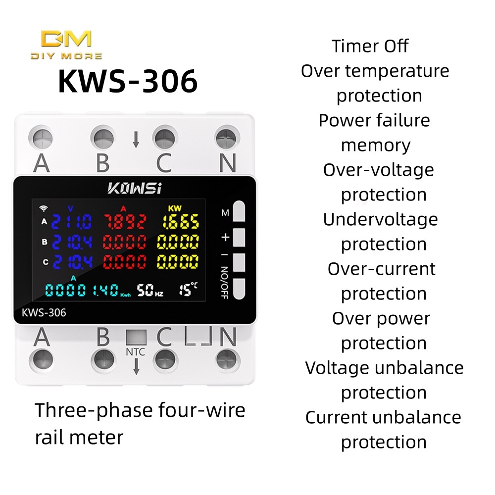 DIYMORE KWS-306 ใช้งานร่วมกับ Tuya WIFI อัจฉริยะหน้าจอสี HD 3-Phase 4 สาย DIN-Rail มัลติฟังก์ชั่นแรง