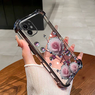 เคสสําหรับ iPhone 11 12 pro max 12 mini เคสโทรศัพท์สีชมพูดอกตูมสี่มุมซิลิโคน TPU นิ่มโปร่งใส ﻿ดีซ