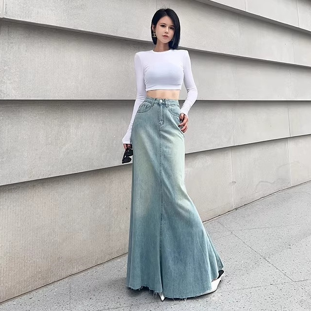 Hermarou S-6XL กระโปรงยีนส์ทรงหางปลาสำหรับผู้หญิง กระโปรงยาวทรงเอ เอวสูง กางเกงทรงหลวมสไตล์เรโทร
