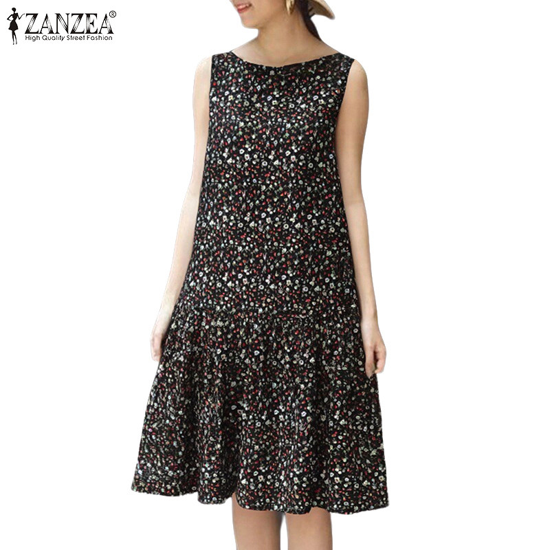 ZANZEA ชุดเดรสผ้าชีฟองลายดอกไม้ A-Line สําหรับผู้หญิงเกาหลีวินเทจ