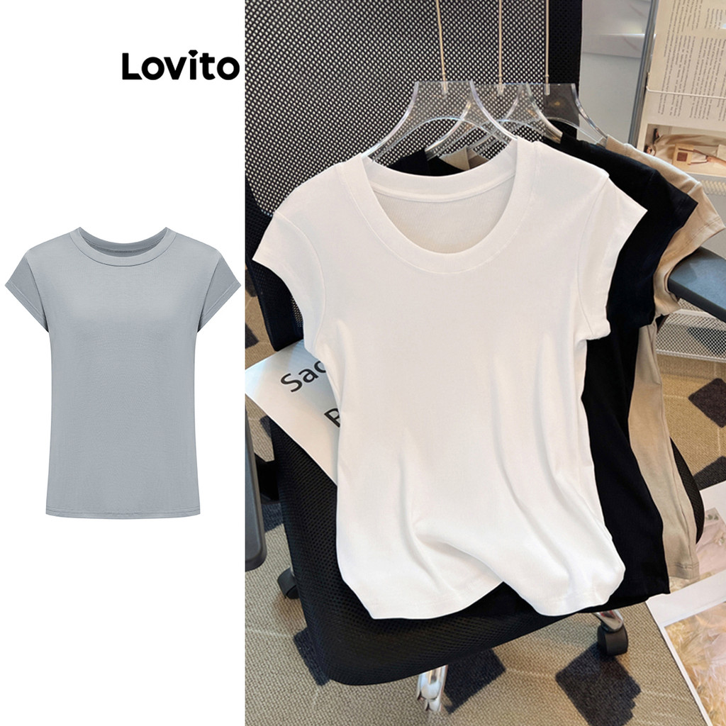 Lovito เสื้อยืดผู้หญิง เบสิก สีพื้น สไตล์ลำลอง LNE37151 (หลากสี)