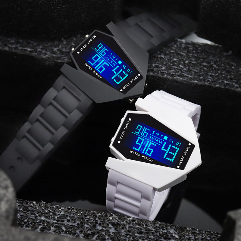 นาฬิกาสําหรับผู้ชาย LED Unisex Luminous Aircraft Design นาฬิกาสายรัดซิลิโคนแนวโน้มแฟชั่นนาฬิกานักเรียน