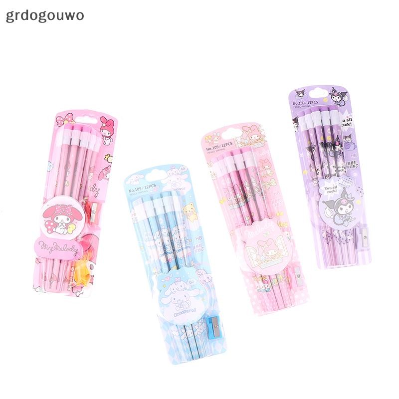 Grdog 12 Pack Kawaii Sanrio Kuromi HB ดินสอ W/Sharpener อะนิเมะ Cinnamoroll Pochacco My Melody Wrig วาดดินสอ Sketch ปากกา th