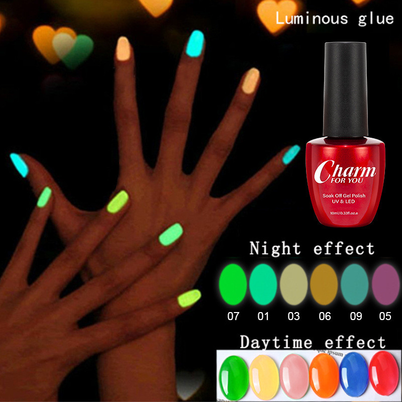 สีทาเล็บ น้ํายาทาเล็บ CHARM Nail Gel Luminous Glue 10ml Cross Border เรืองแสงกาวเรืองแสงกาวยาทาเล็บเ