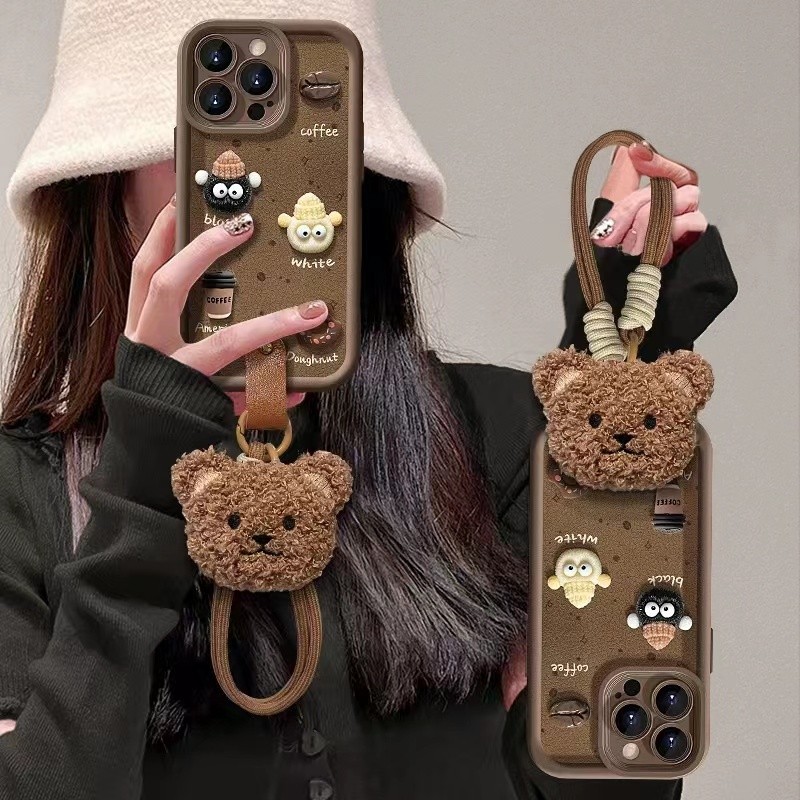น่ารักสามมิติกาแฟ Briquettes เหมาะสําหรับ Samsung s24/25ultra เคสโทรศัพท์สายรัดข้อมือ s23fe ง่าย s22/21 + การ์ตูน a55a15a54a34 สีน้ําตาล a24a16a35a16 รวมทุกอย่าง a53