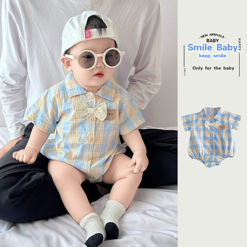 ฤดูร้อนใหม่เสื้อผ้าเด็กชายแขนสั้นสุภาพบุรุษ ชุด 0-24 เดือนทารกแรกเกิดบางหล่อผูกโบว์ลายสก๊อต ชุดรอมเปอร์ สไตล์อังกฤษ บัพติศ หนึ่งปี