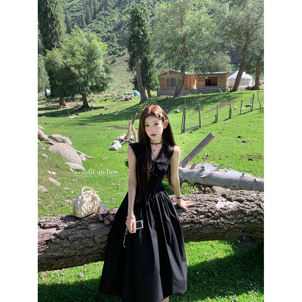 {Subi-Oder}เดรสคอวีแขนกุดโบว์ฝรั่งเศสสําหรับผู้หญิงชุดเดรสฤดูร้อนสีดํายาวจีบ