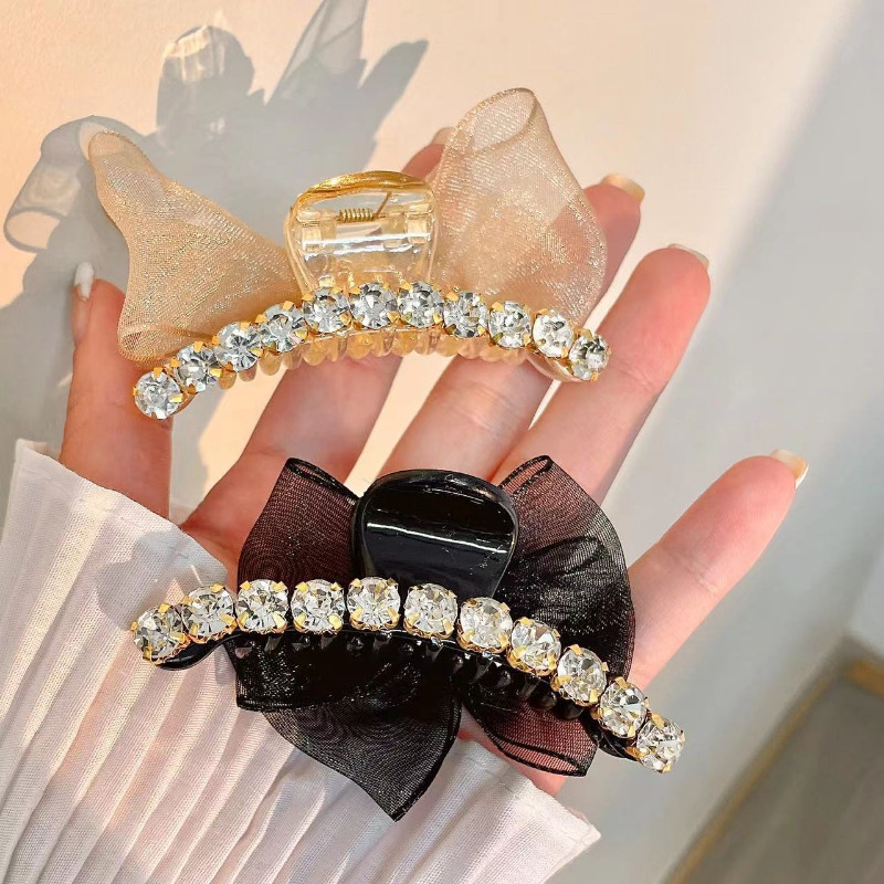 2ชิ้นชุด เกี่ยวกับ สองด้าน พลอยเทียม โบว์ตาข่ายเรียบฉลามคลิปผู้หญิงใหม่แสงหรูหราหลังศีรษะอุปกรณ์ผม