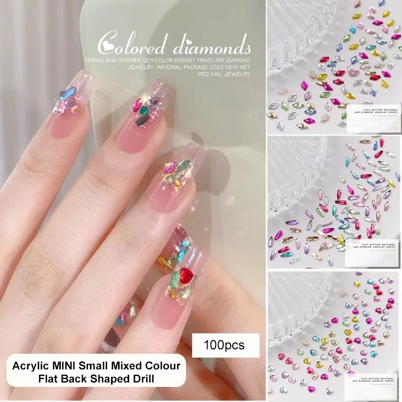 ตกแต่งเล็บด้านล่างแบนเพชร DIY สติ๊กเกอร์ติดเล็บ Rhinestone คริสตัล Mini ขนาด 100 ชิ้น