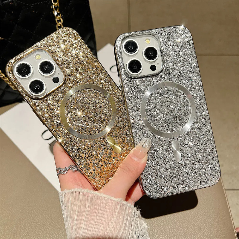 ใหม่ไร้สายแม่เหล็กglitterเคสโทรศัพท์สําหรับiphone 16 15 Pro Max 14 13 12 16Pro Plus Solid Coloursปกหลังปลอกกันกระแทก