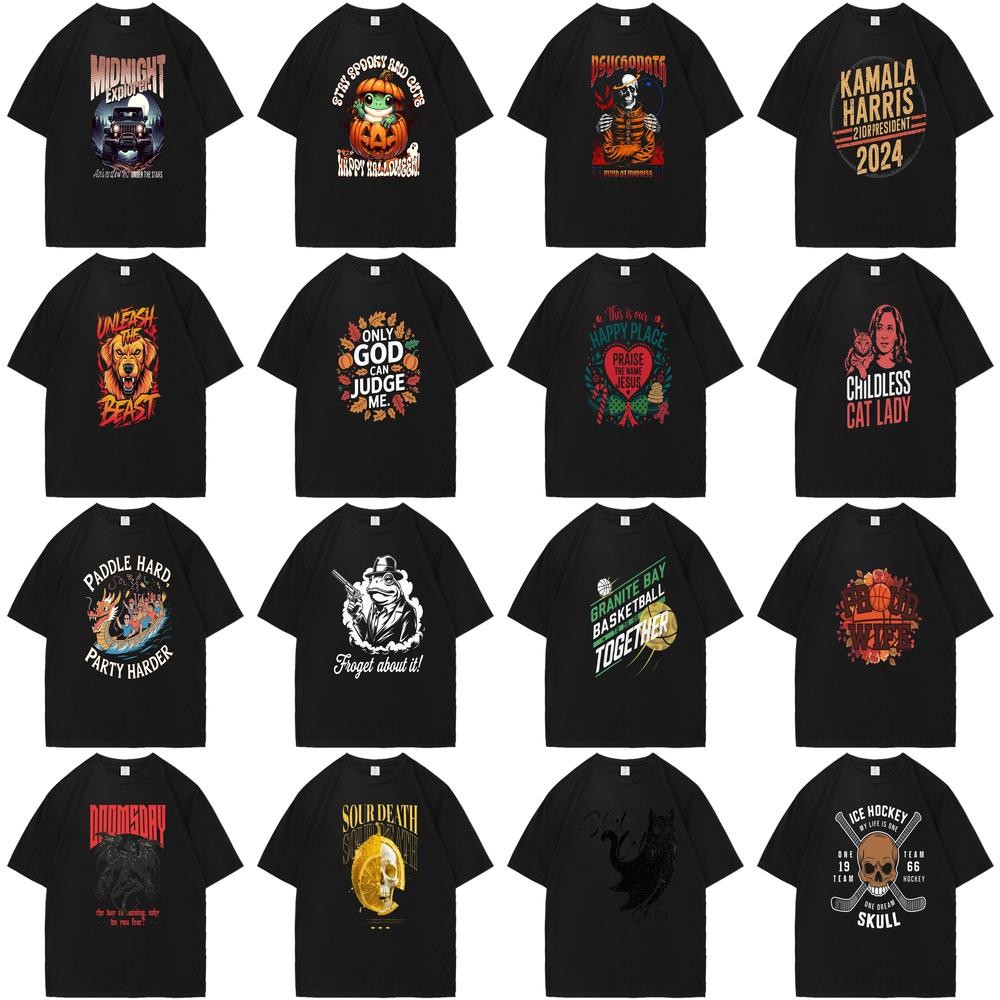เสื้อยืดสีดำพร้อมกราฟิก Moonlit Night พร้อมฉาก Classic Ride Scene