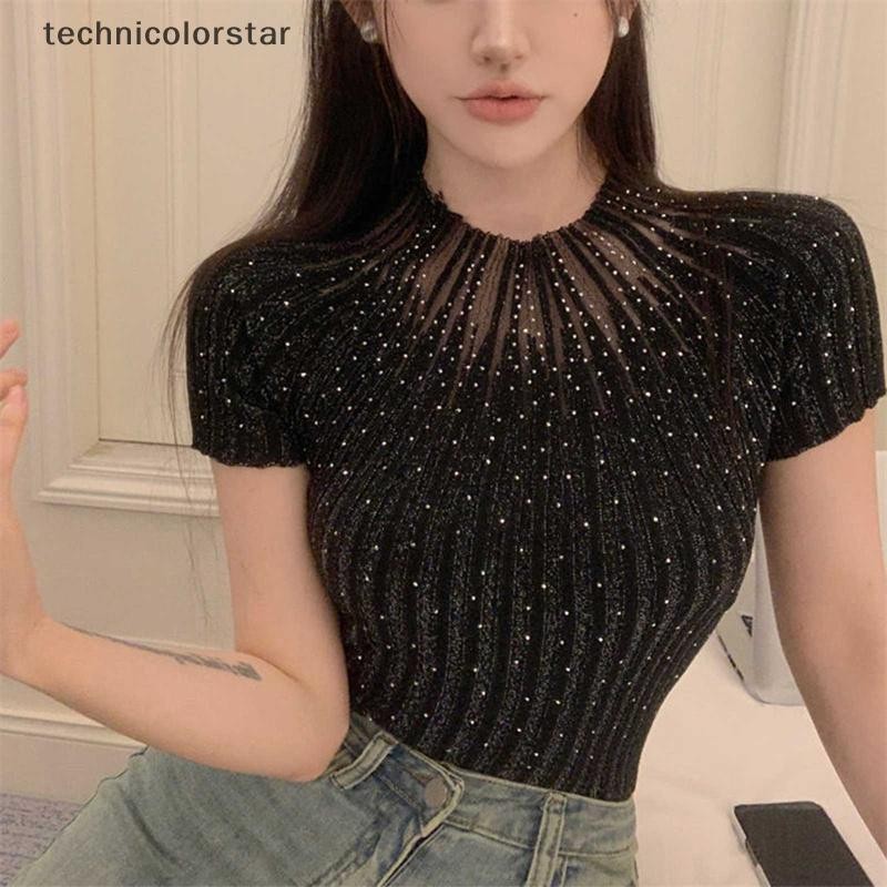Trsr ครึ่งคอเต่า O คอ Slim ถักเสื้อผู้หญิง Diamonds เสื้อยืดแขนสั้น Casual Tee เสื้อ Jelly
