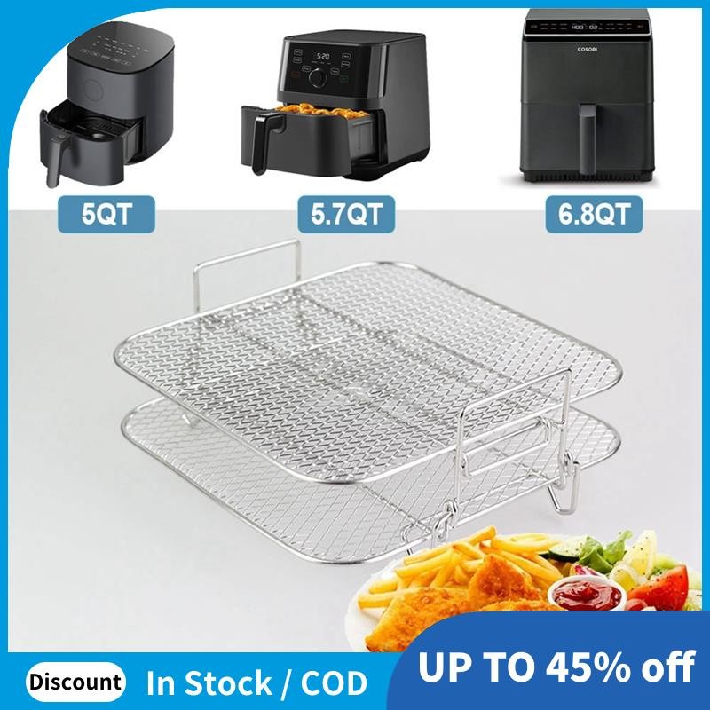 2 ชั้น Air Fryer ตะแกรงย่าง Air Fryer Rack Stackable Grid Grill Air Fryer ตะแกรงย่างสแตนเลสสําหรับ 4
