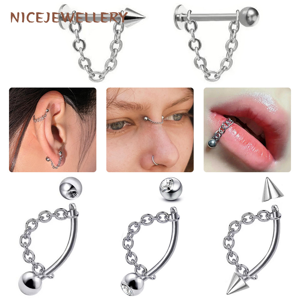 สแตนเลสสะพานเจาะ 1 PC Chain ต่างหูสตั๊ดโค้ง Barbell Conch กระดูกอ่อนเจาะ
